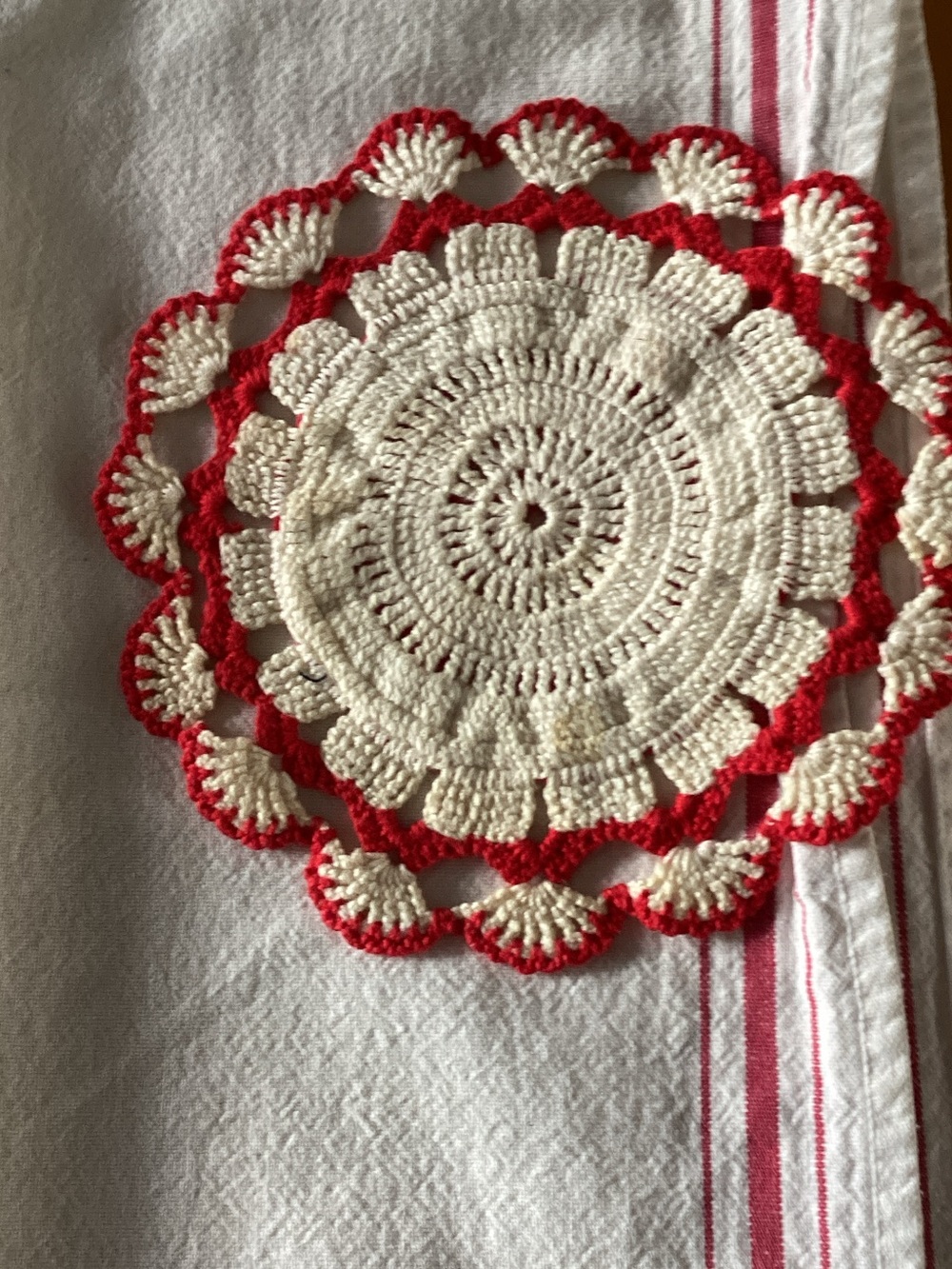 Hand-Crocheted Red and Cream Doily